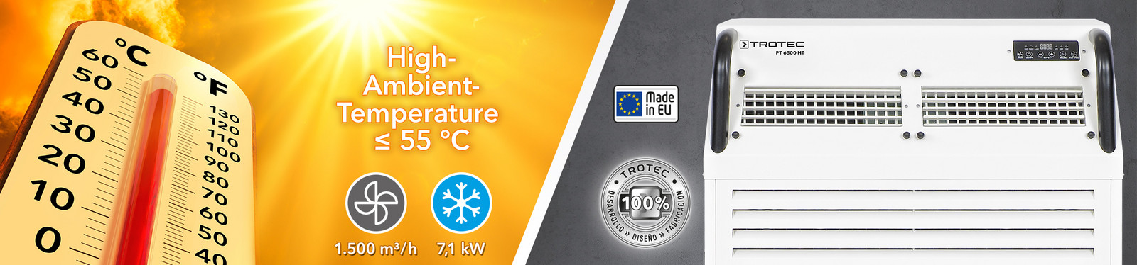 Calidad probada de Trotec: El aire acondicionado industrial PT 6500 HT para temperaturas ambientales de hasta +55 °C