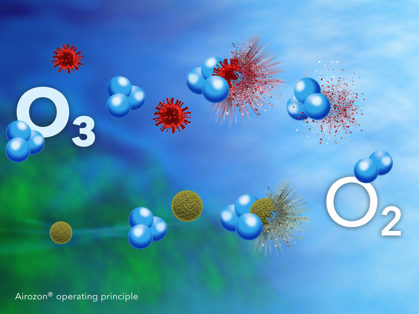 Principio activo de la ozonización Airozon para la desinfección oxidativa y la neutralización de olores